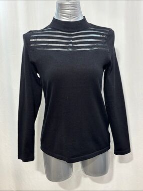 Andrea Jovine Black Mock Neck Knit Sweater with Sheer Stripe Yoke 358 stretch